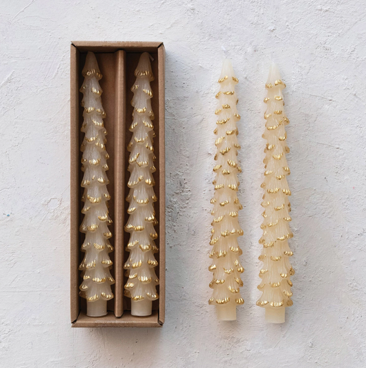 Tree Taper Candle Set of 2 - Eggnog + Gold