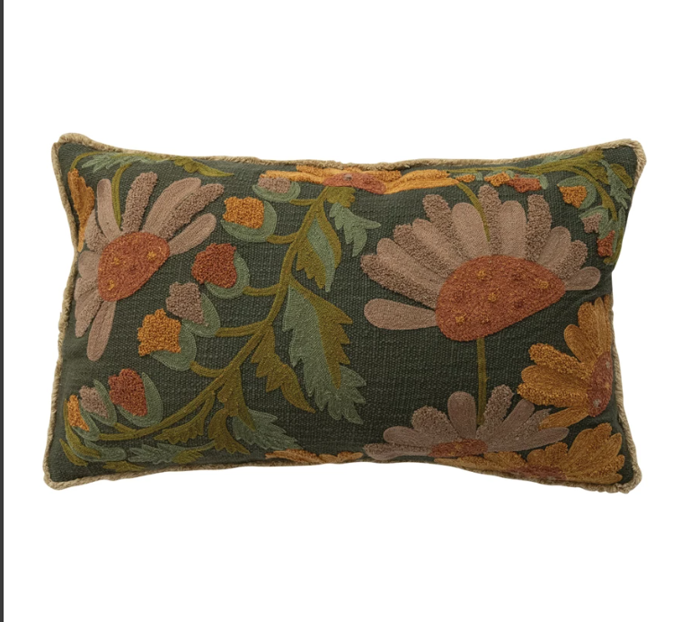 Embroidered Pillow w/ Flowers + Fringe