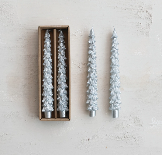 Tree Taper Candle Set of 2 - Silver