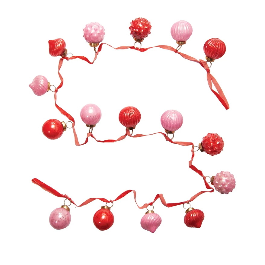 Mercury Glass Ornament Garland w/ Velvet Ribbon