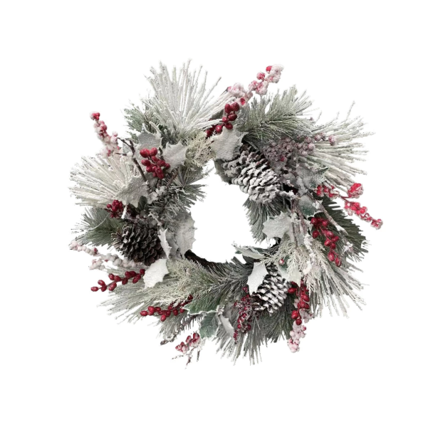 Snowy Pine & Holly Wreath w/ Berries/Pinecones