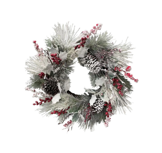 Snowy Pine & Holly Wreath w/ Berries/Pinecones