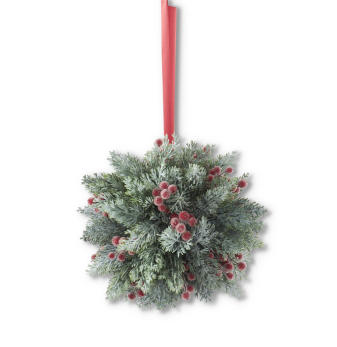 Icy Pine & Berry Ball w/ Red Ribbon