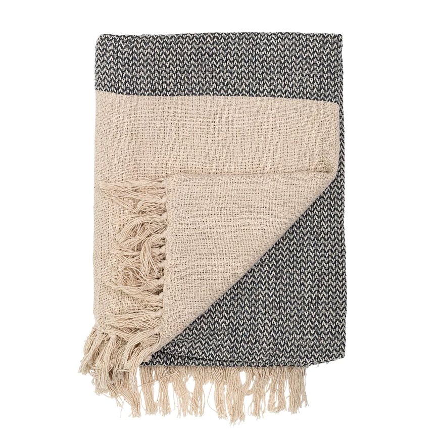 Knit Throw w/ Fringe - Grey + Cream