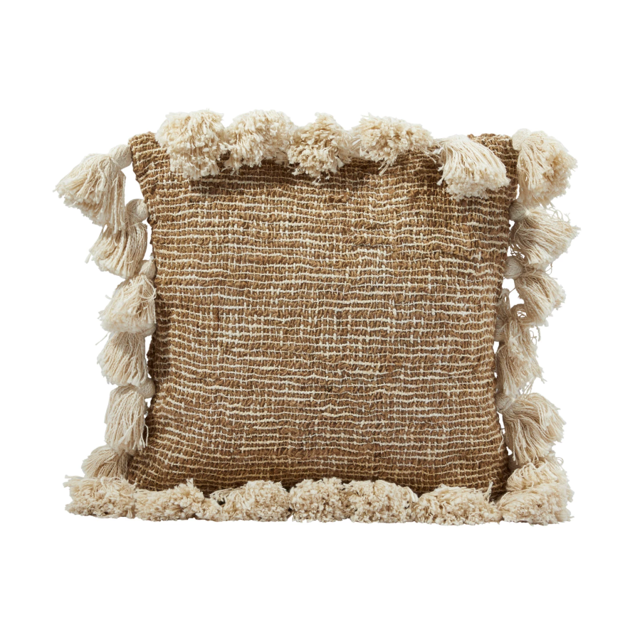 18" Woven Cotton & Jute Pillow w/ Tassels