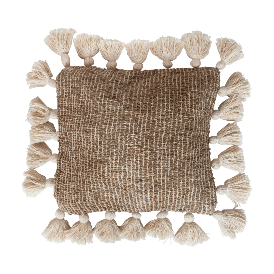 18" Woven Cotton & Jute Pillow w/ Tassels