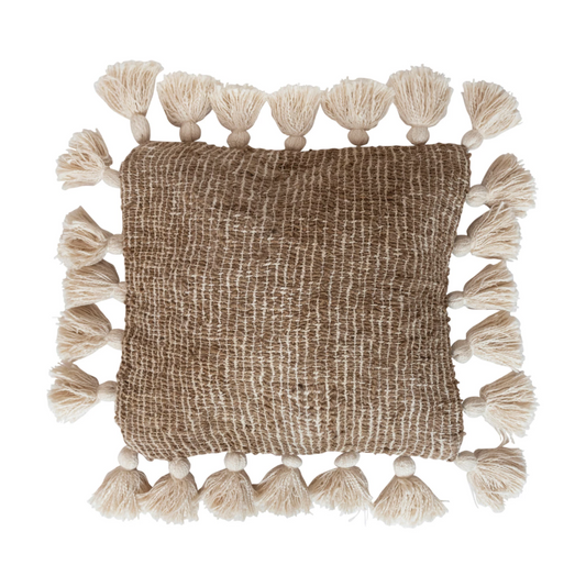 18" Woven Cotton & Jute Pillow w/ Tassels