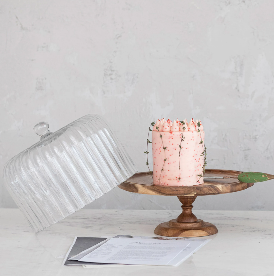 Acacia Cake Stand w/ Fluted Glass Cloche
