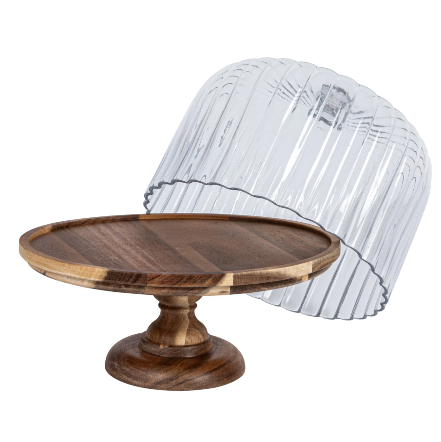 Acacia Cake Stand w/ Fluted Glass Cloche