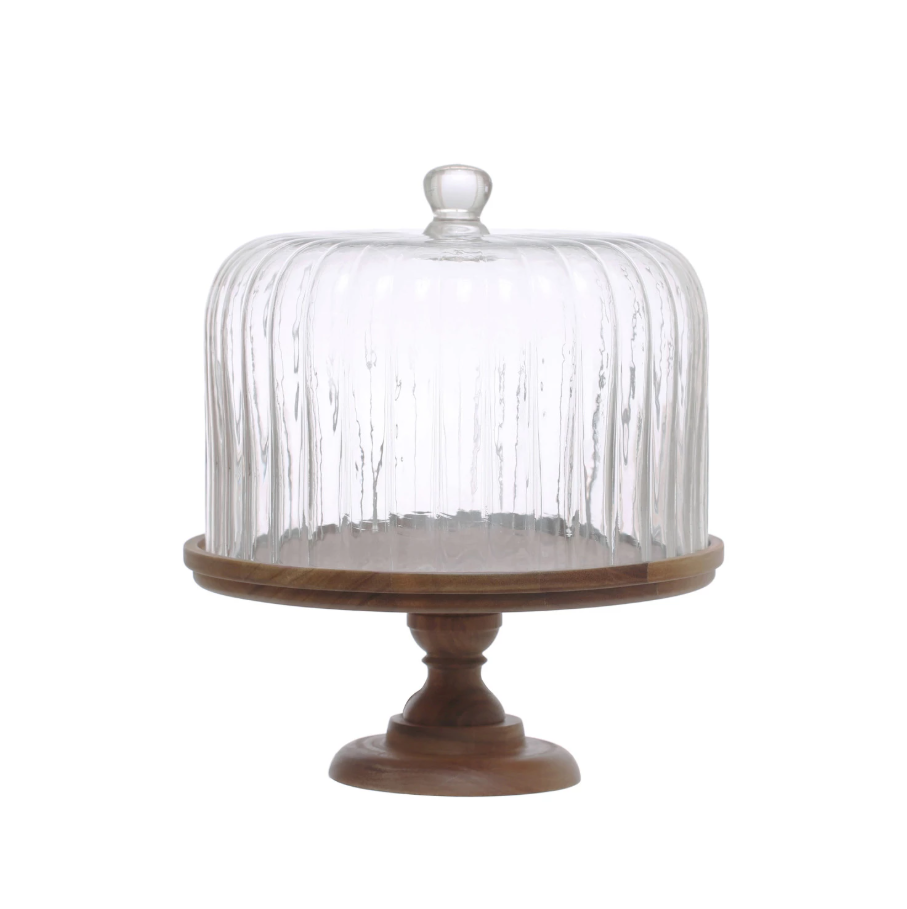 Acacia Cake Stand w/ Fluted Glass Cloche