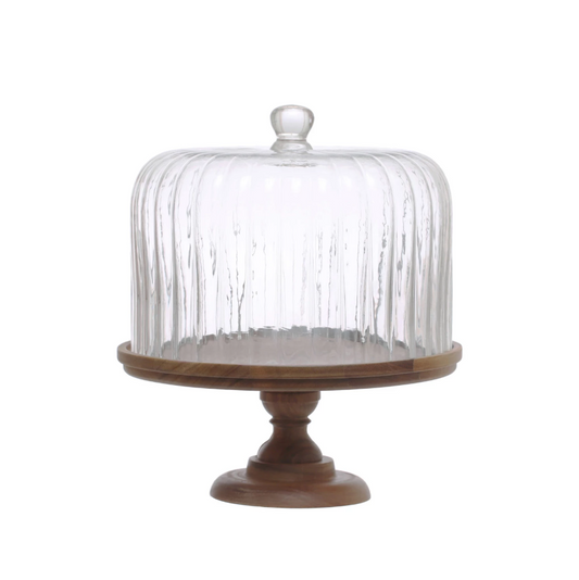 Acacia Cake Stand w/ Fluted Glass Cloche