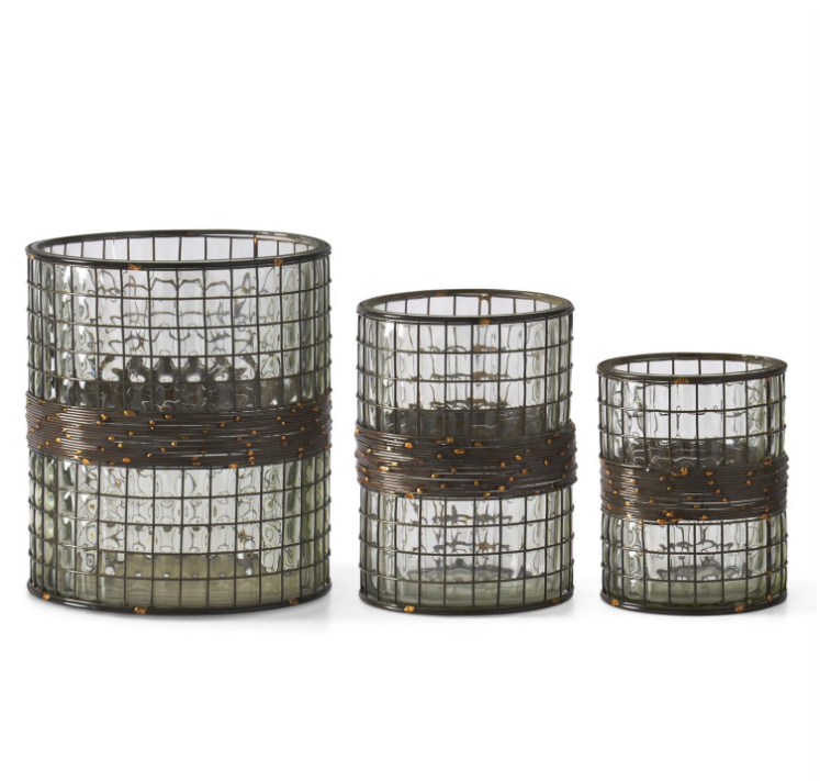 SM - Brown Glass Vase in Metal Cage