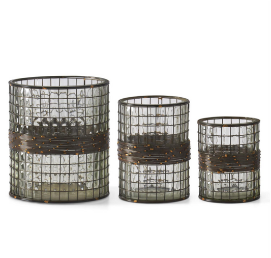 SM - Brown Glass Vase in Metal Cage