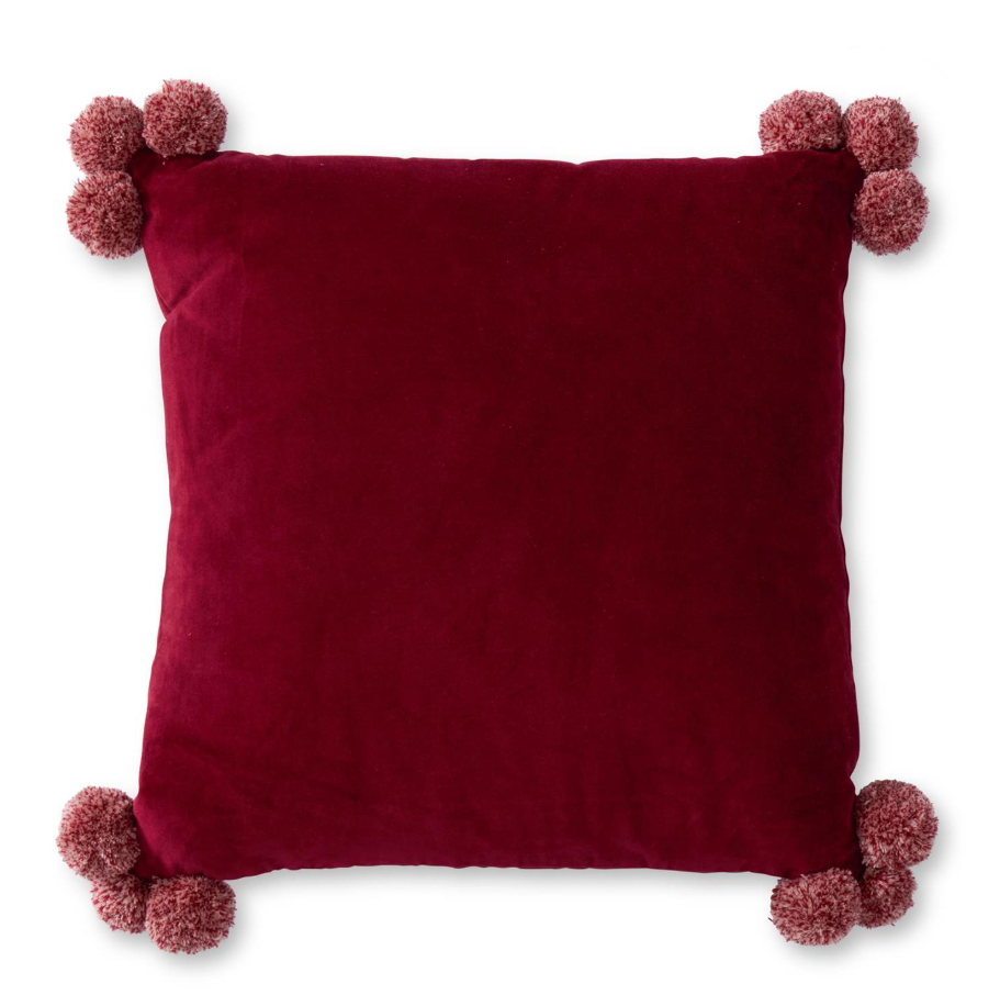 Burgundy Velvet Pom Pom Pillow