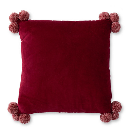 Burgundy Velvet Pom Pom Pillow
