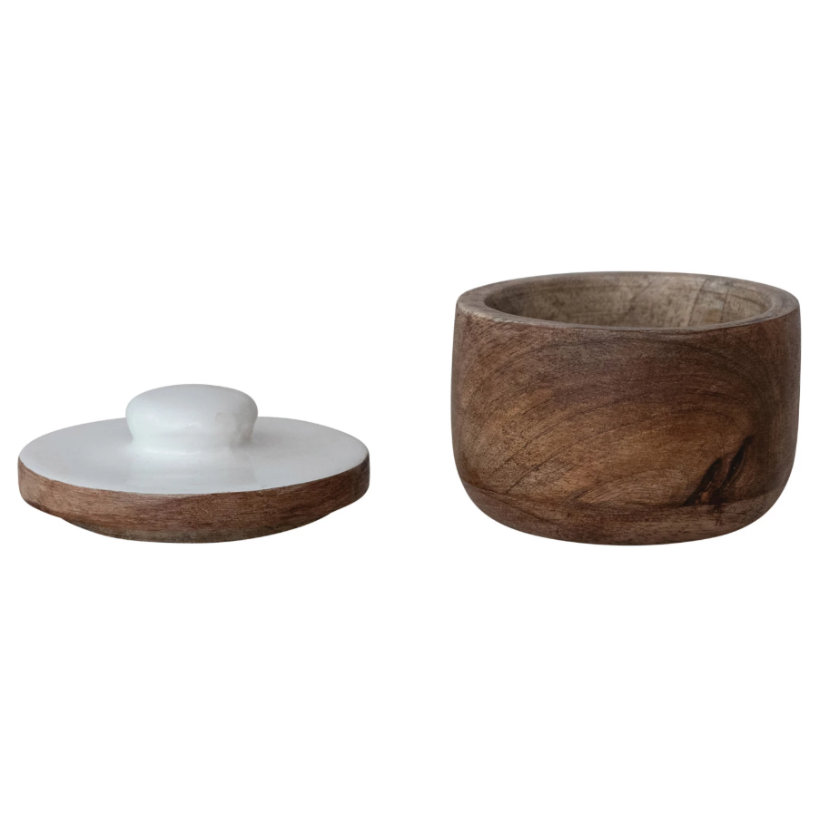 Mango Wood Pinch Pot w/ White Enameled Lid