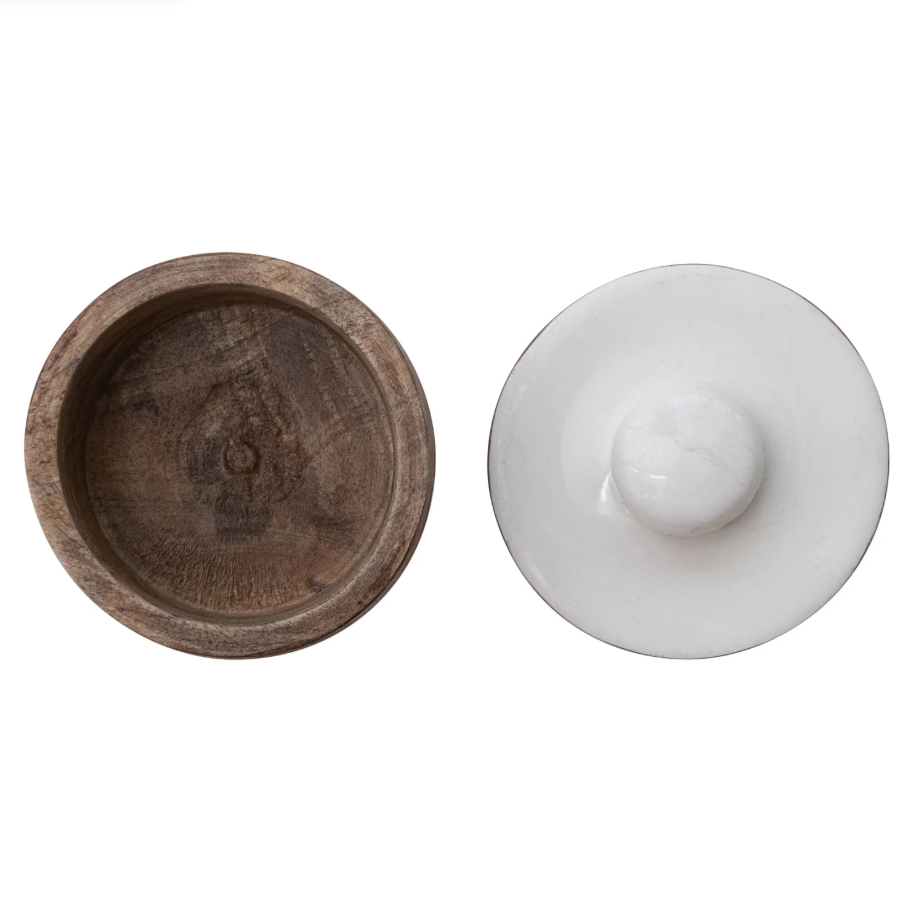 Mango Wood Pinch Pot w/ White Enameled Lid
