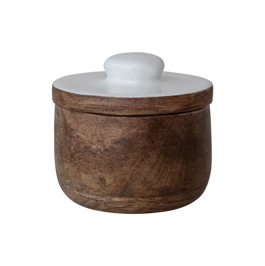 Mango Wood Pinch Pot w/ White Enameled Lid