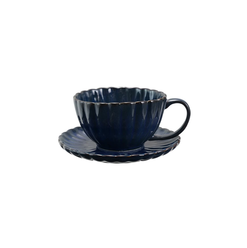Blue Ribbed Mug w/ Saucer