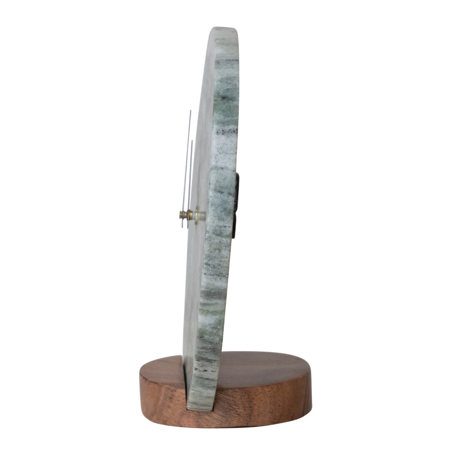 Green Melange Marble Clock w/ Acacia Base