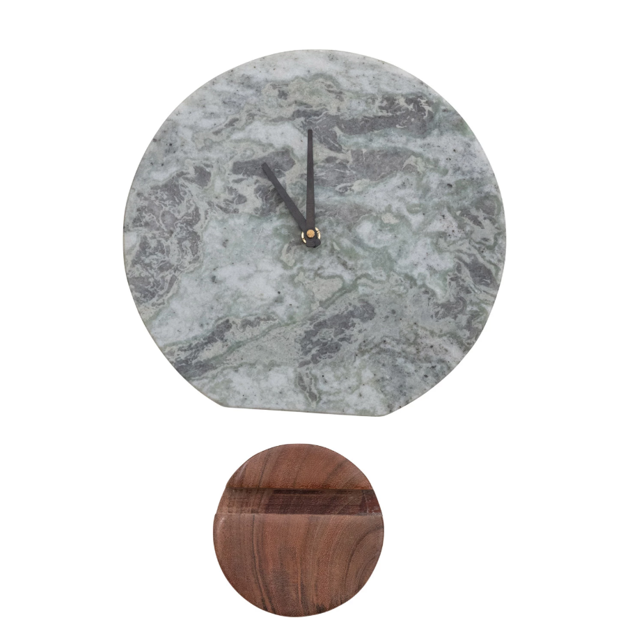 Green Melange Marble Clock w/ Acacia Base