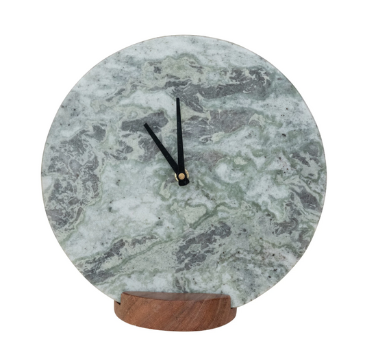 Green Melange Marble Clock w/ Acacia Base