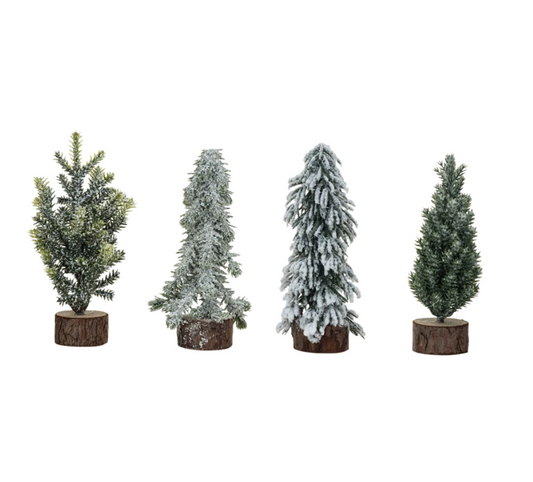Snowy Mini Evergreen Tree w/ Wood Base - 4 Styles