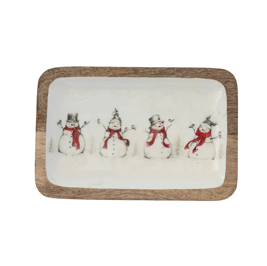 Mango Wood Tray w/ Snowmen & Bird
