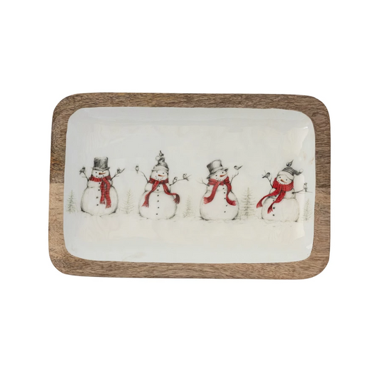 Mango Wood Tray w/ Snowmen & Bird