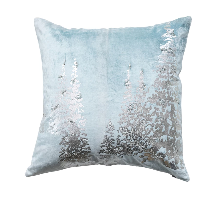 20" Silver Trees Blue Velvet Pillow