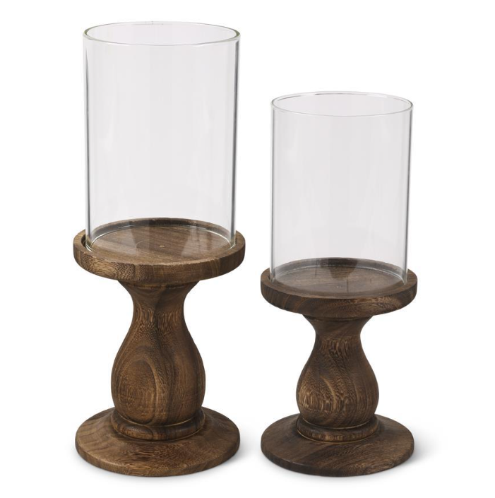 Wood Pedestal Candleholder w/ Hurricane - SM