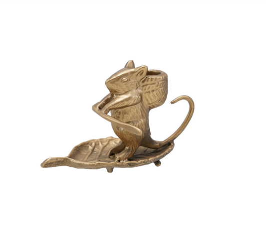 Antique Gold Taper Holder w/ Mouse on Leaf