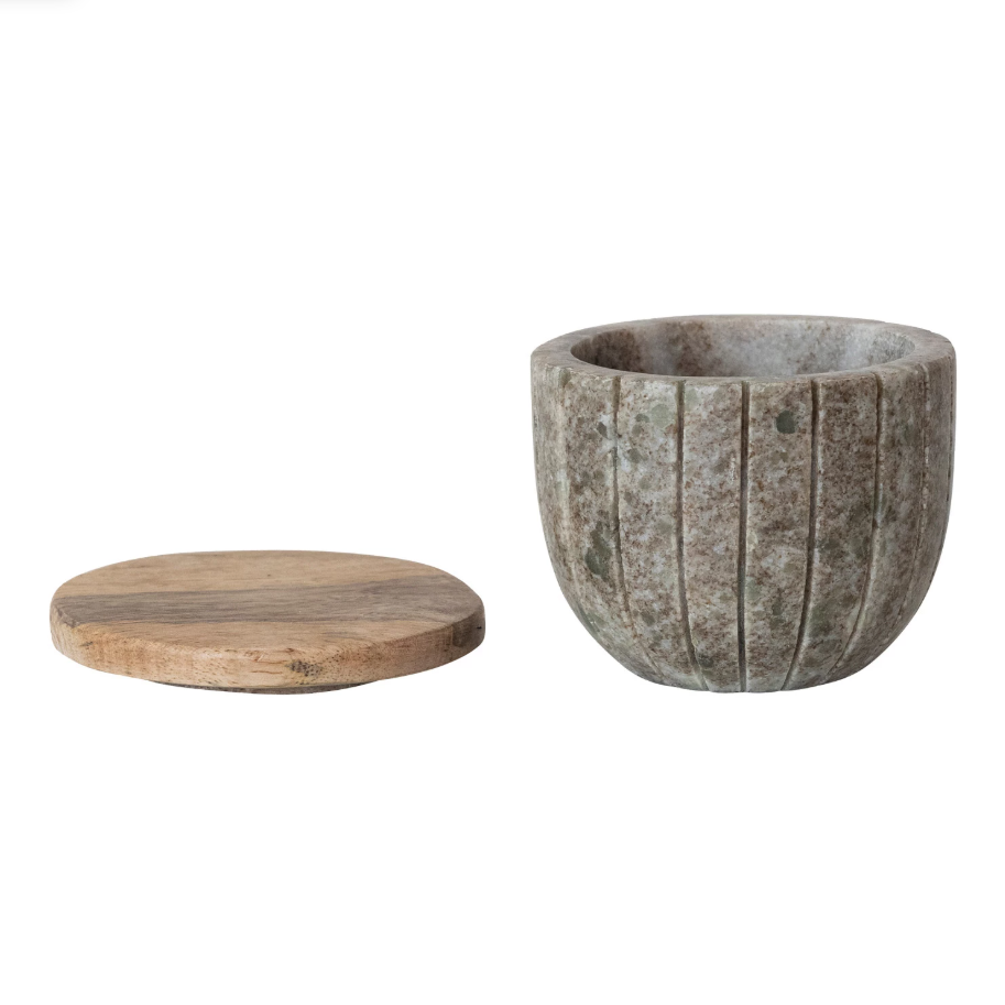 Carved Marble Container w/ Mango Wood Lid