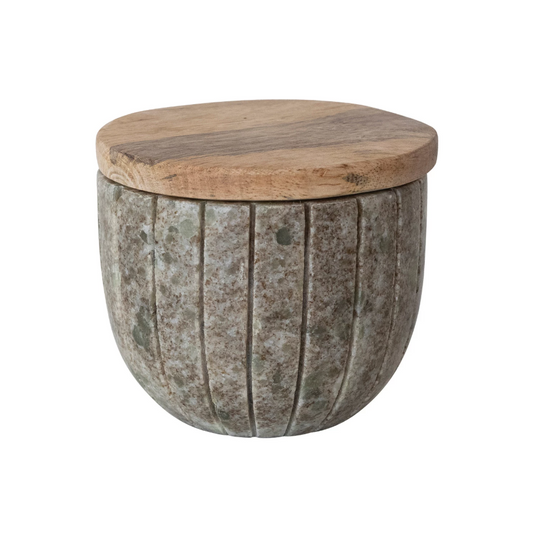 Carved Marble Container w/ Mango Wood Lid