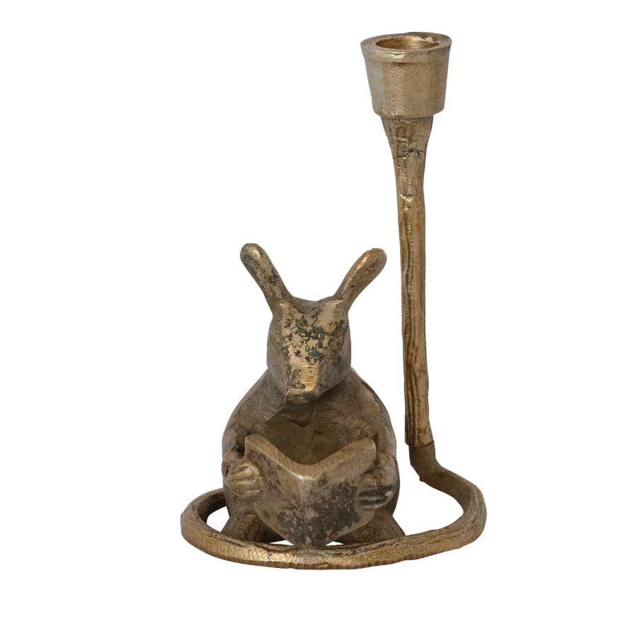 Antique Gold Reading Mouse Taper Holder
