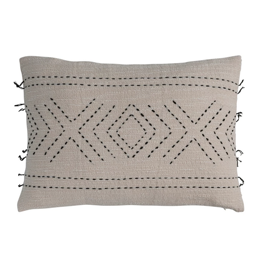 Hand-Embroidered Cotton Lumbar Pillow