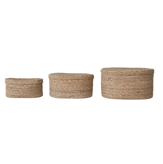 Oval Hand-Woven Seagrass Basket w/ Lid
