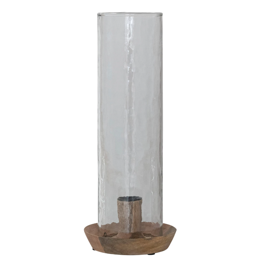 Mango Wood Taper Holder w/ Hammered Glass Hurricane