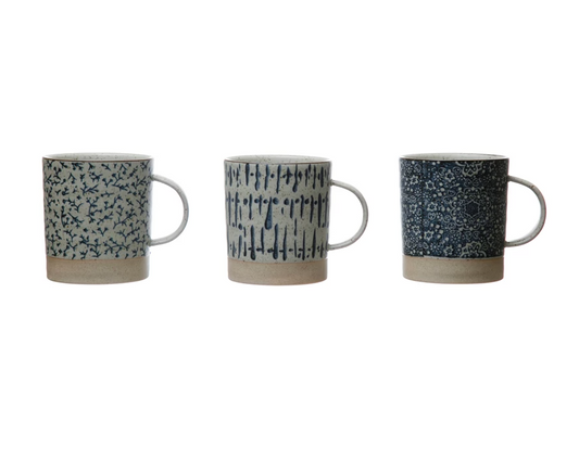 Blue Hand-Stamped Stoneware Mug - 3 STYLES