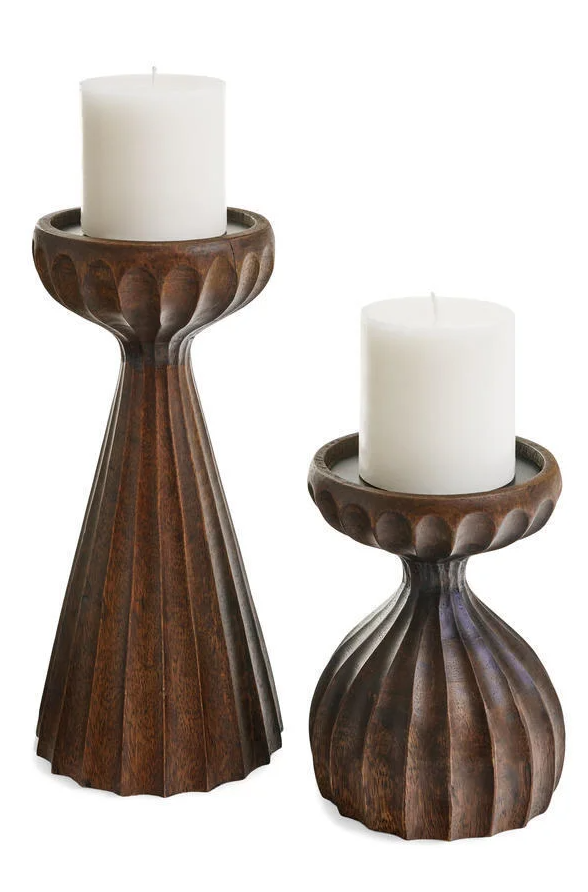 Dark Walnut Ribbed Candle Holder - LG