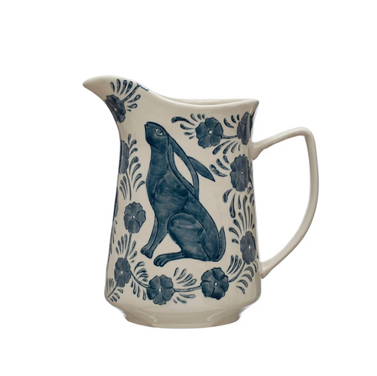 Hand-Painted Pitcher w/ Rabbit + Flowers