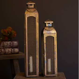 20.5" Antique Brass/Wire Candle Lantern