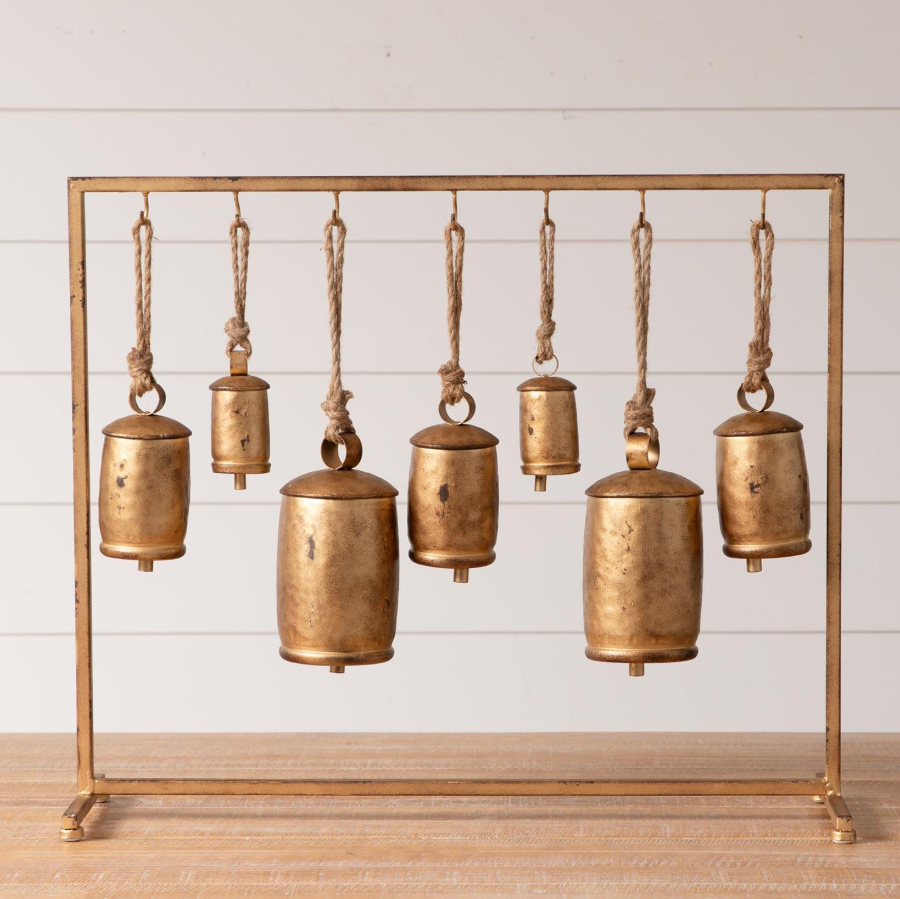 Distressed Gold Bells On Stand