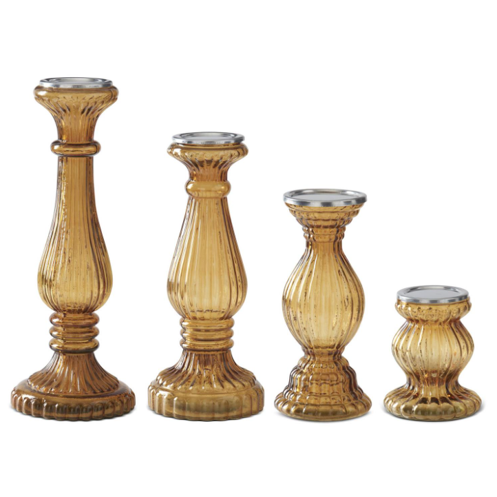Ribbed Amber Glass Pillar Candleholder