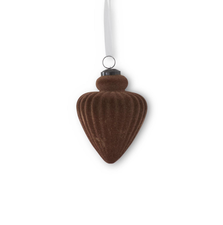 6.5" Brown Flocked Glass Ribbed Ornament