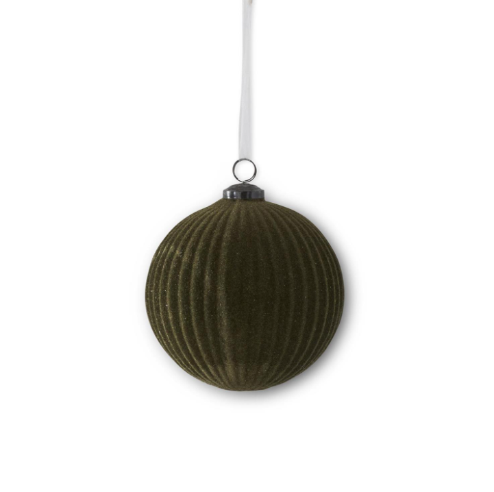 6" DK GR Flocked Glass Ribbed Ornament