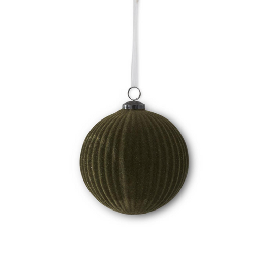 6" DK GR Flocked Glass Ribbed Ornament