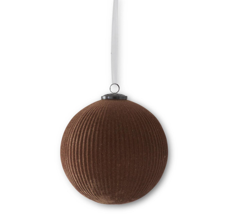 8" Brown Flocked Glass Ribbed Ornament