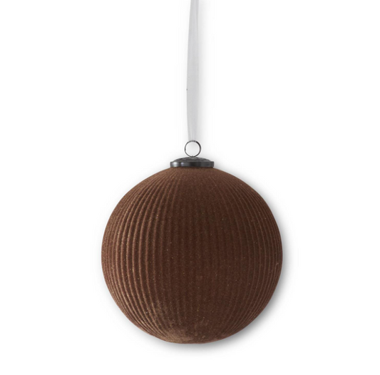 8" Brown Flocked Glass Ribbed Ornament