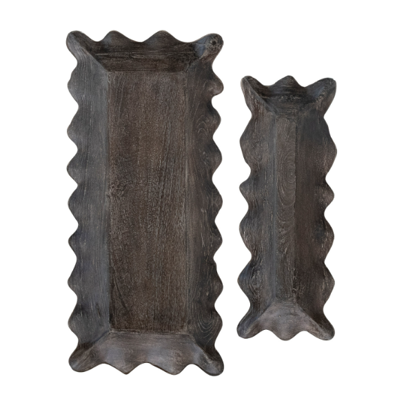 Distressed Black Scalloped Tray - LG